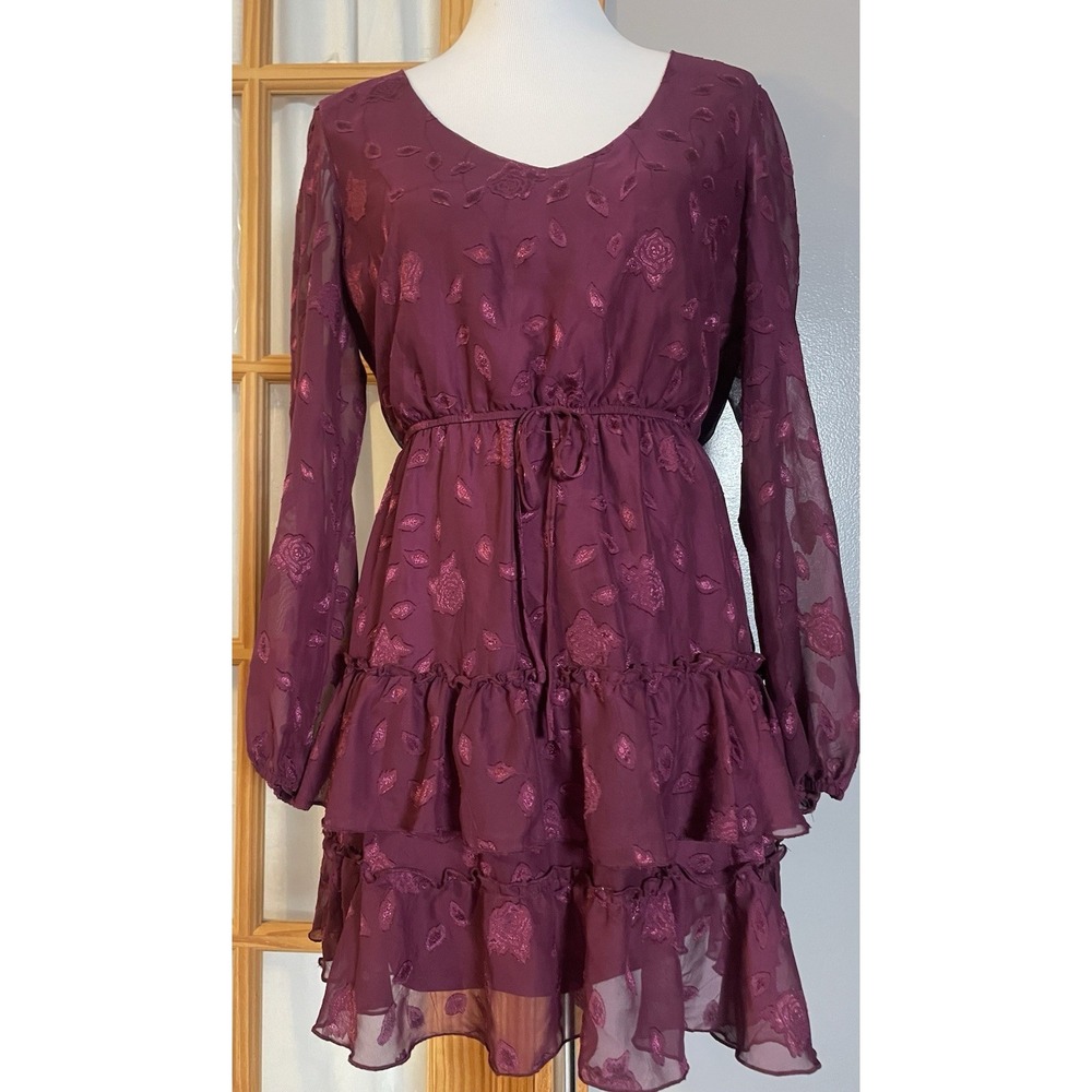 90s City Studio Layered Mini Dress Sz M Purple Floral Long Sleeve Ruffles Modern